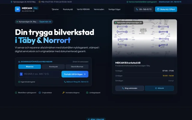 MEKIAN Bilverkstad — homepage on a laptop