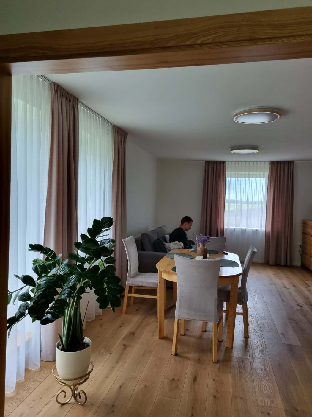 Užuolaidos ir tiulis svetainėje su valgomojo stalu